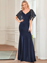 Sexy Maxi V Neck Bodycon Party Dress with Flare Sleeves #color_Navy Blue