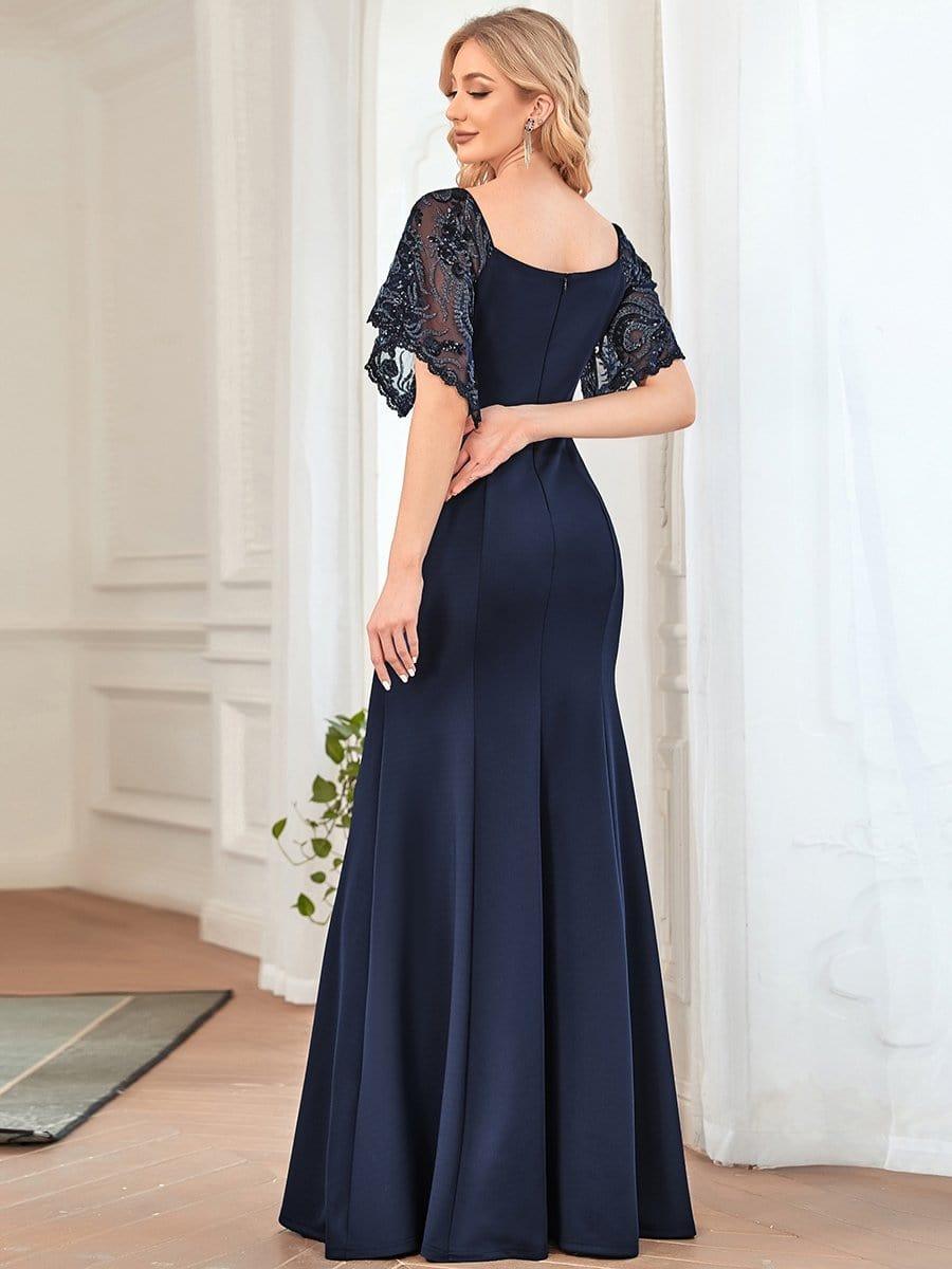 Custom Size Sexy Maxi V Neck Bodycon Party Dress with Flare Sleeves #color_Navy Blue