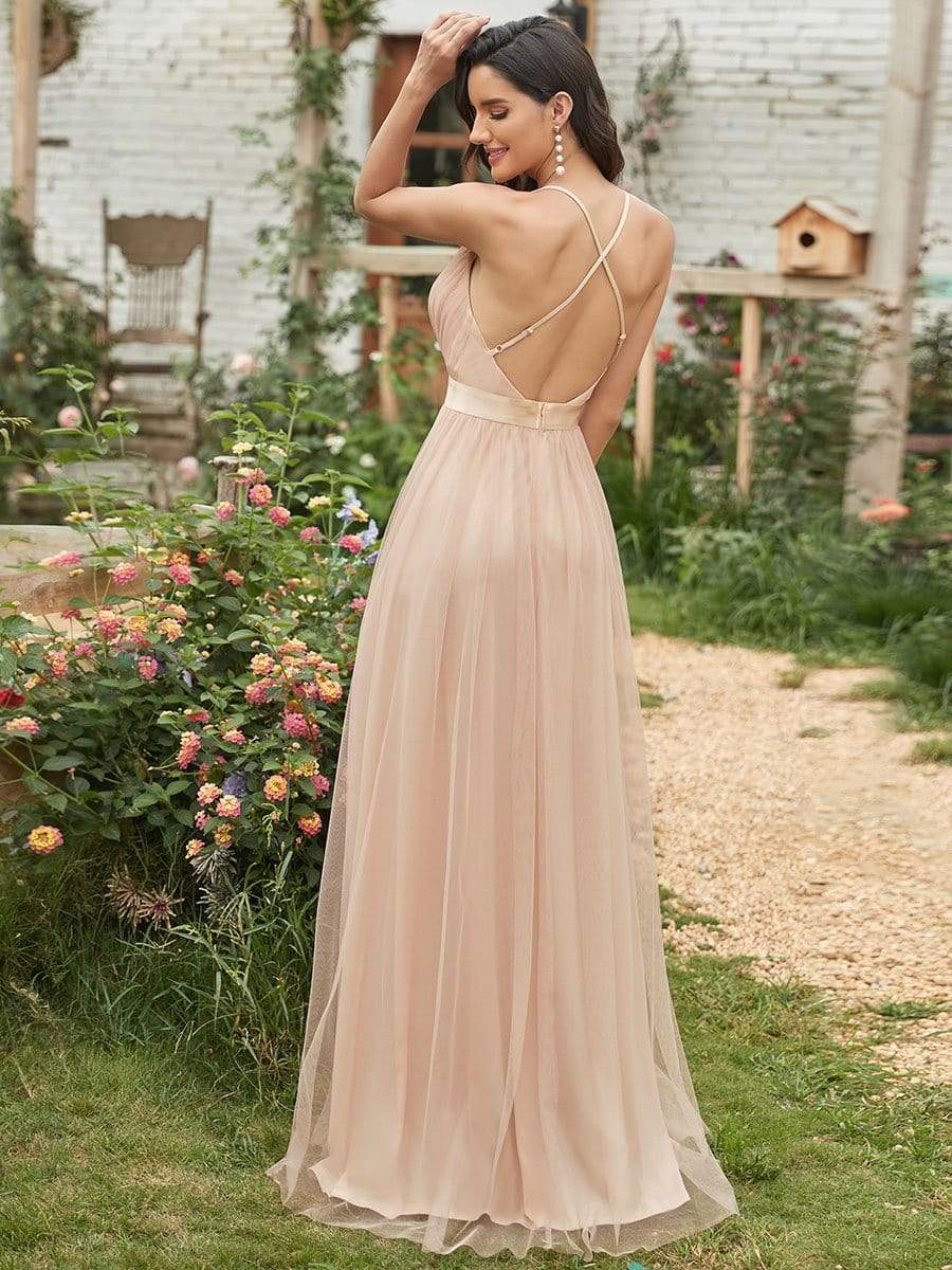 Sexy Deep V-neck Backless Tulle Maxi Evening Dresses #color_Blush