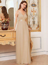 Sexy Deep V-neck Backless Tulle Maxi Evening Dresses #color_Gold
