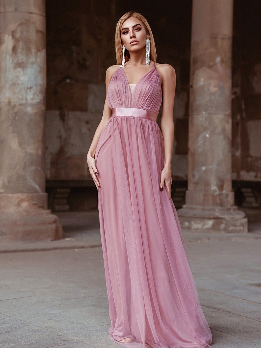Sexy Deep V-neck Backless Tulle Maxi Evening Dresses #color_Purple Orchid