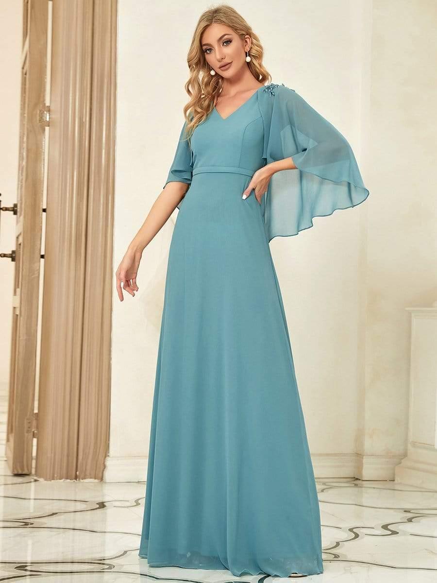Elegant V Neck Flowy Chiffon Bridesmaid Dresses with Wraps #color_Light Teal