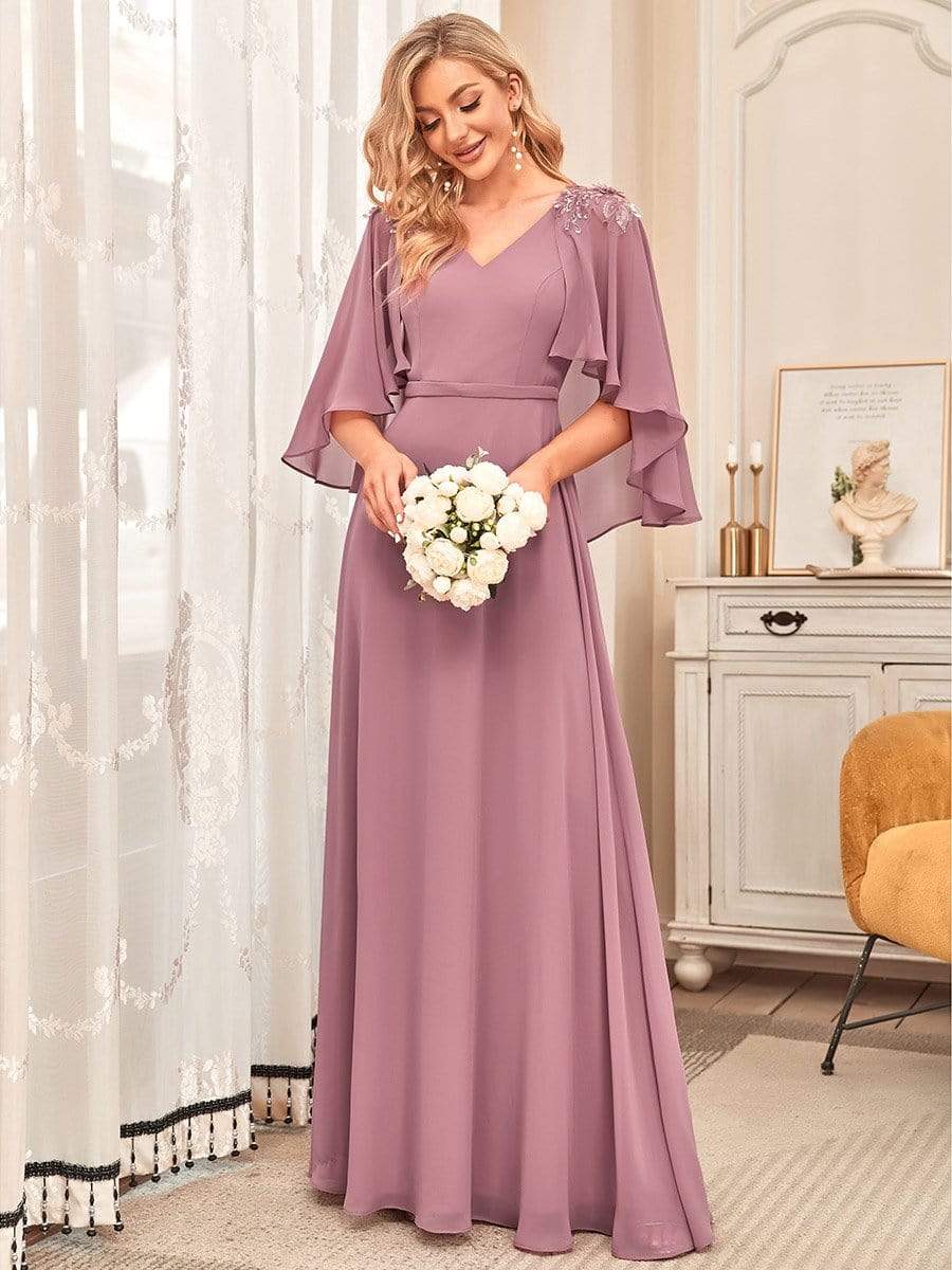 Elegant V Neck Flowy Chiffon Bridesmaid Dresses With Wraps #color_Purole Orchid