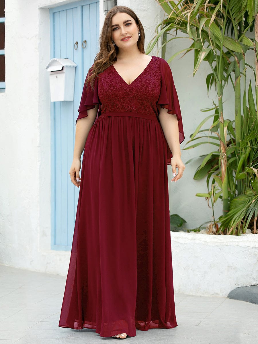 Women's Floor Length Deep V Neck Plus Size Evening Dress with Lace #color_Burgundy