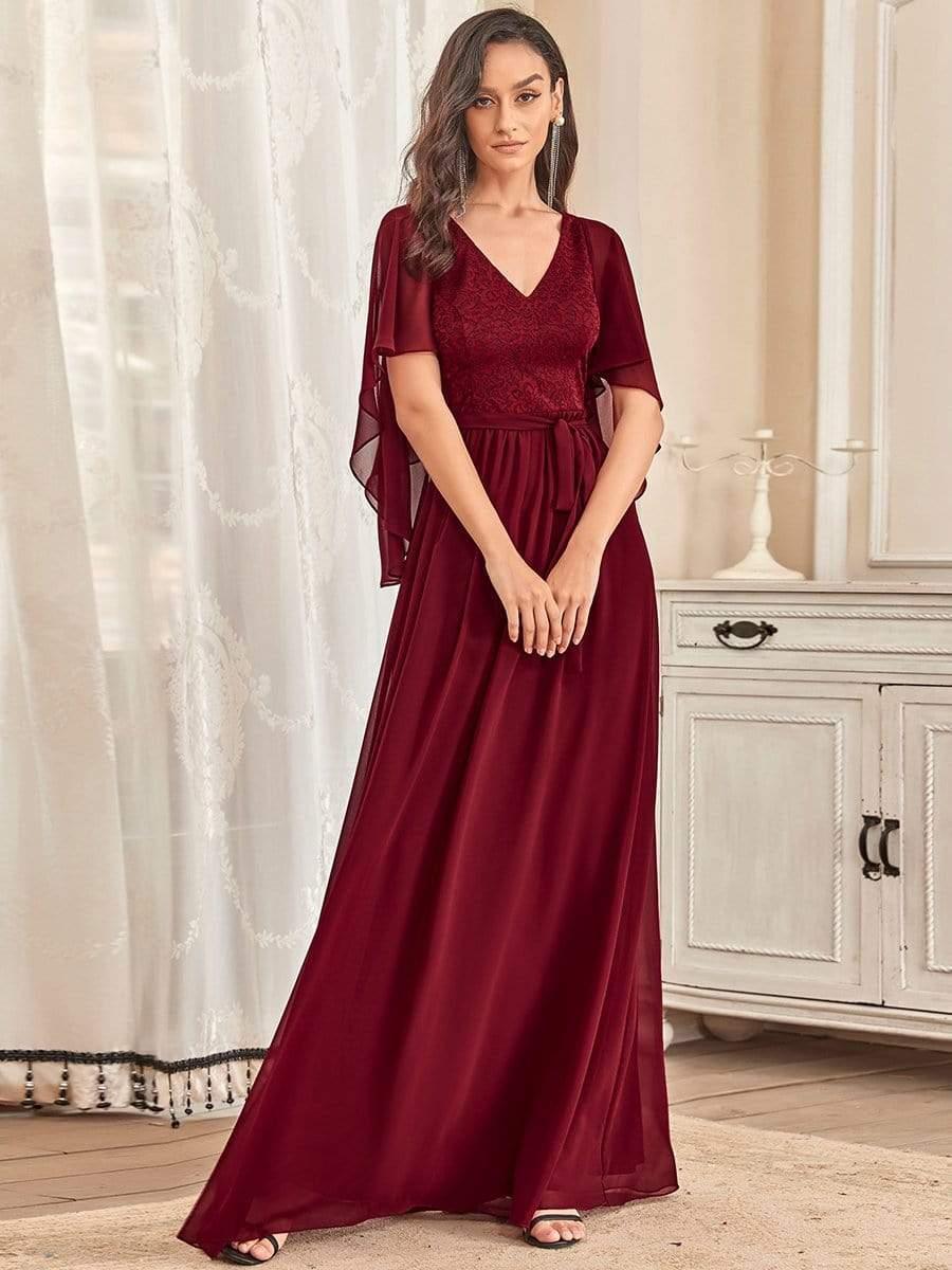 Elegant Maxi V Neck Chiffon Wedding Guest Dress with Sleeves #color_Burgundy