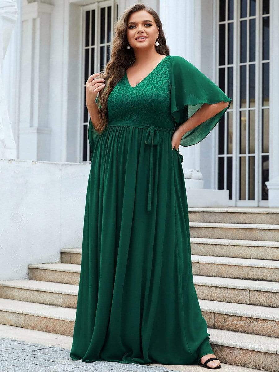 Women's Floor Length Deep V Neck Plus Size Evening Dress with Lace #color_Dark Green