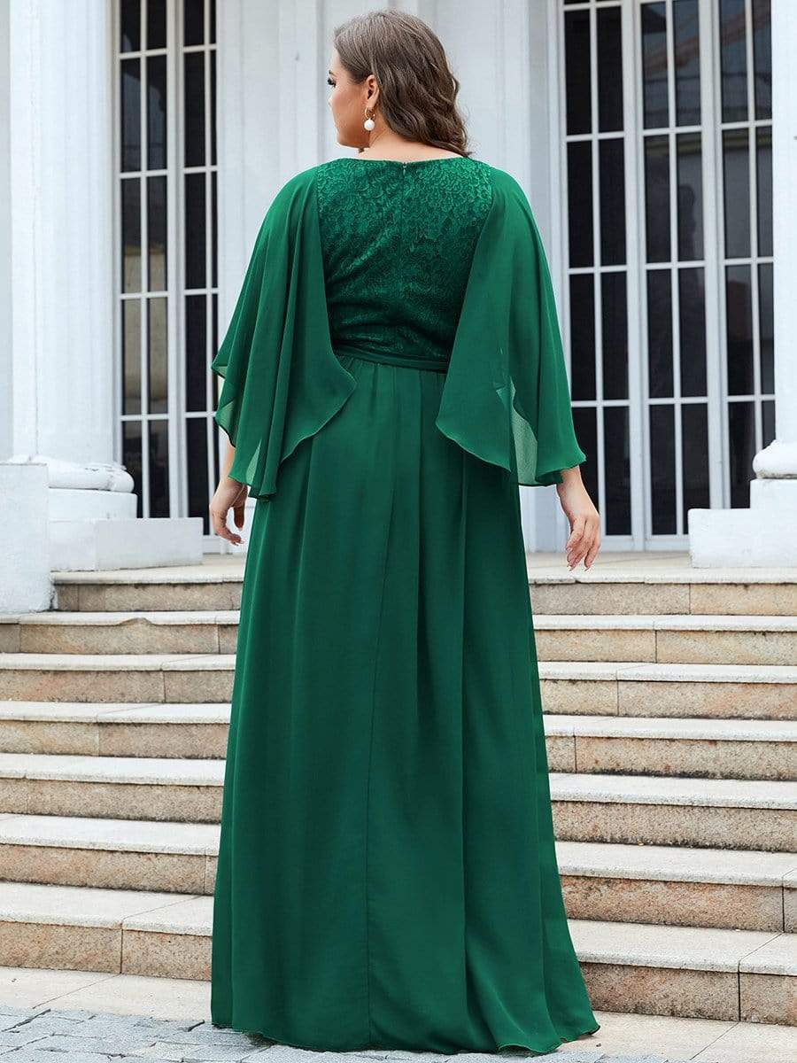 Women's Floor Length Deep V Neck Plus Size Evening Dress with Lace #color_Dark Green