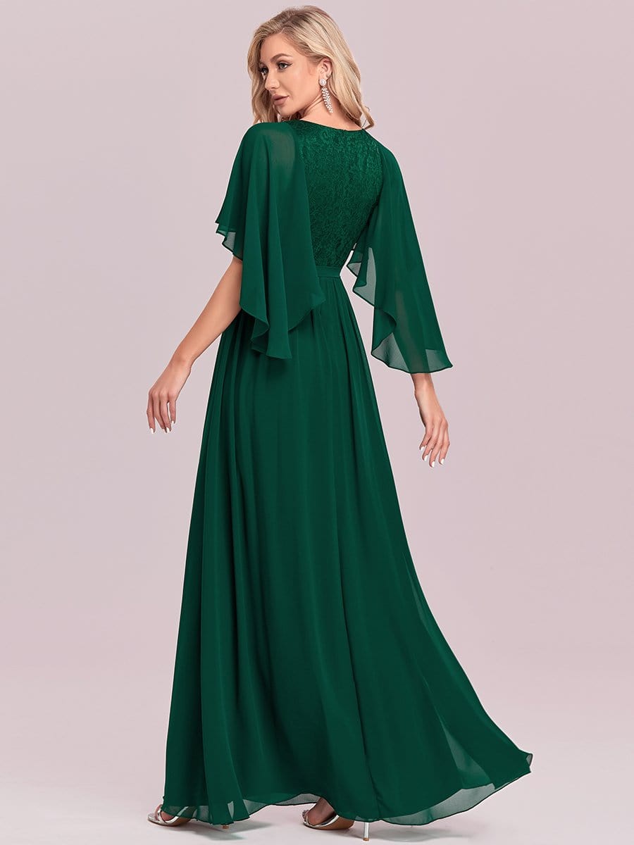 Elegant Maxi V Neck Chiffon Wedding Guest Dress with Sleeves #color_Dark Green