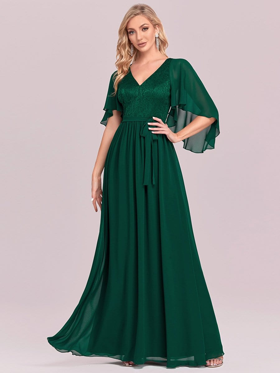 Elegant Deep V Neck Chiffon Maxi Evening Dress #color_Dark Green
