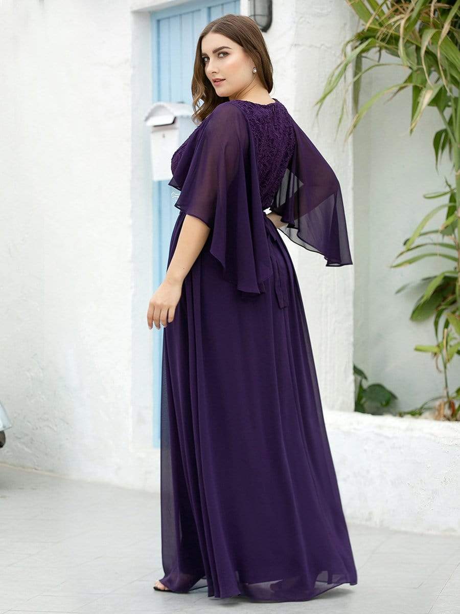 Women's Floor Length Deep V Neck Plus Size Evening Dress with Lace #color_Dark Purple