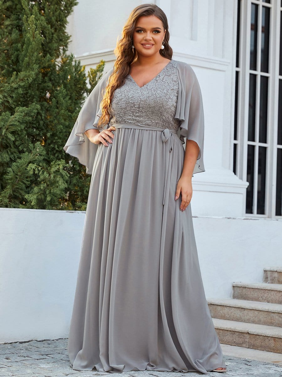 Women's Floor Length Deep V Neck Plus Size Evening Dress with Lace #color_Grey