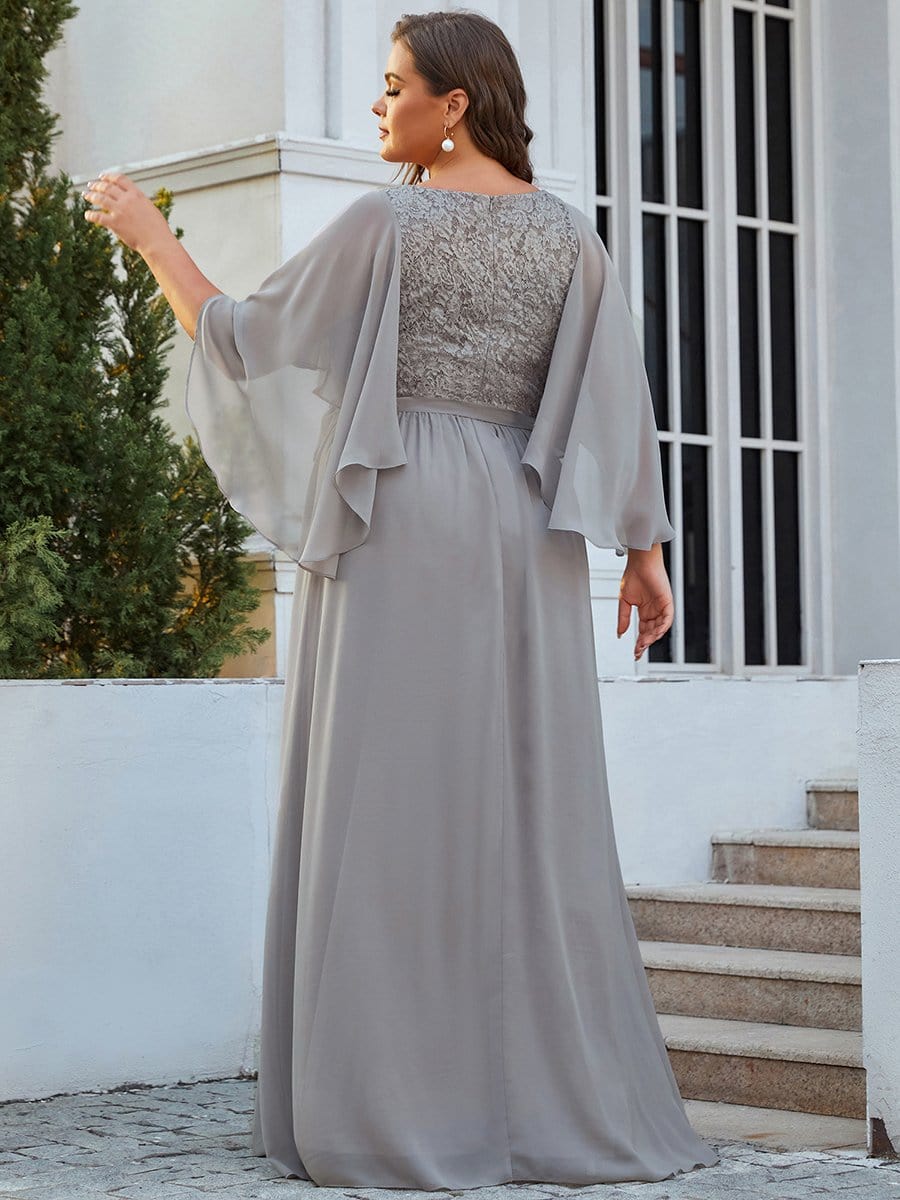 Women's Floor Length Deep V Neck Plus Size Evening Dress with Lace #color_Grey