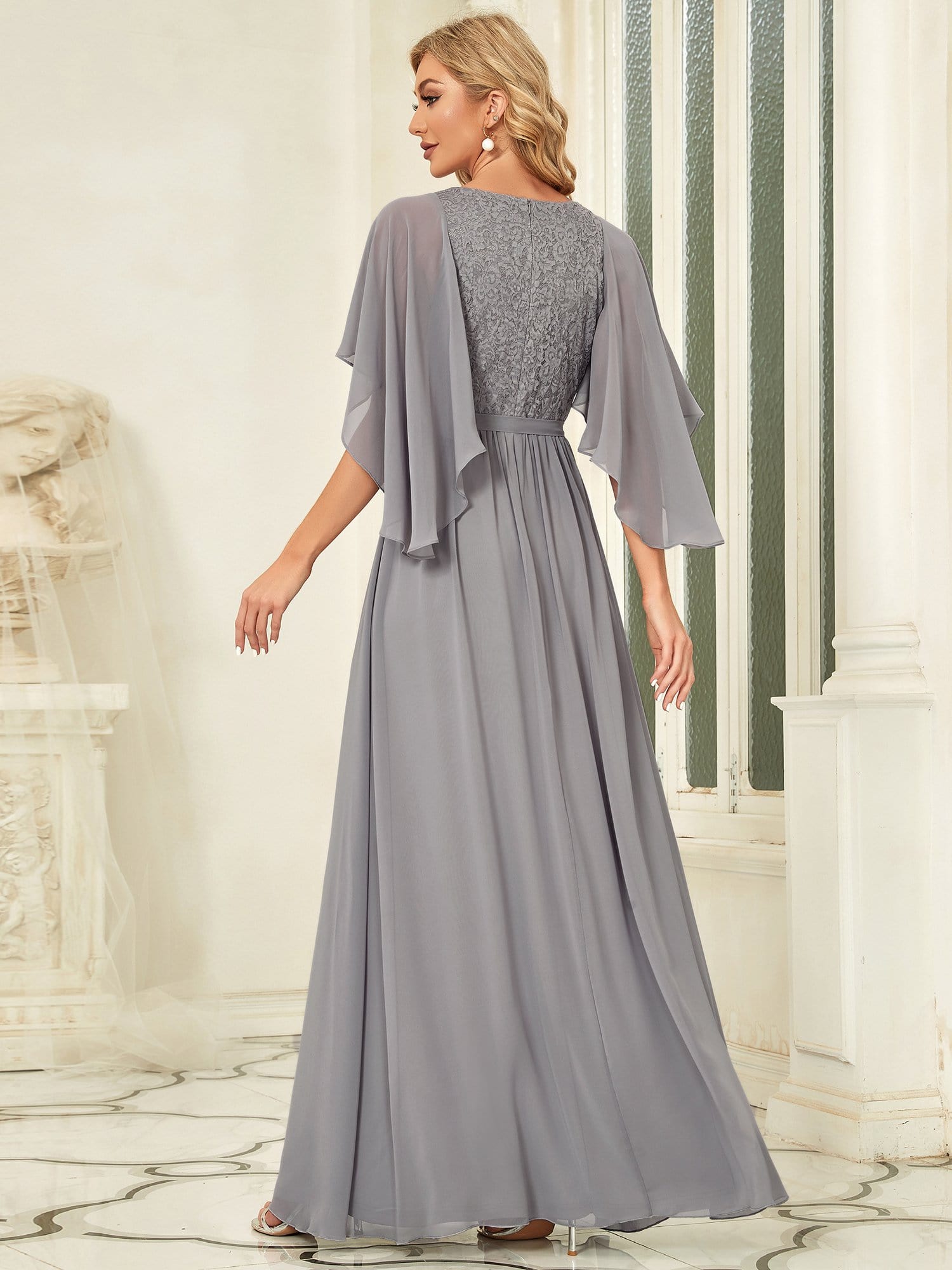Elegant Deep V Neck Chiffon Maxi Evening Dress #color_Grey