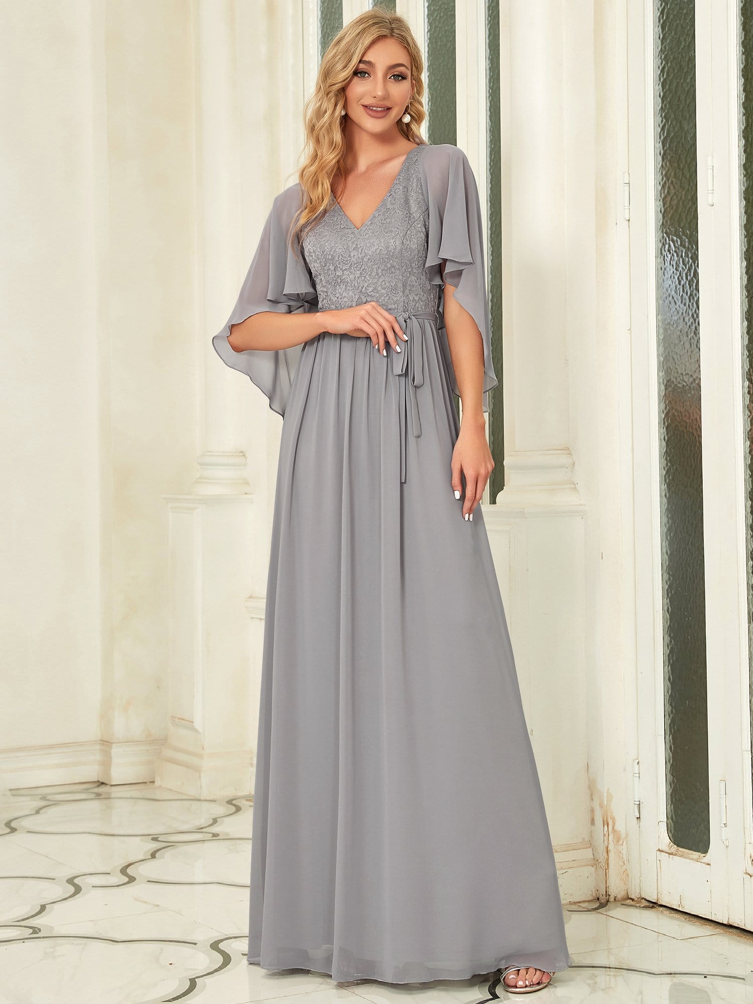 Elegant Maxi V Neck Chiffon Wedding Guest Dress with Sleeves #color_Grey
