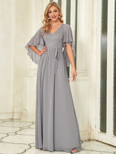 Elegant Deep V Neck Chiffon Maxi Evening Dress #color_Grey