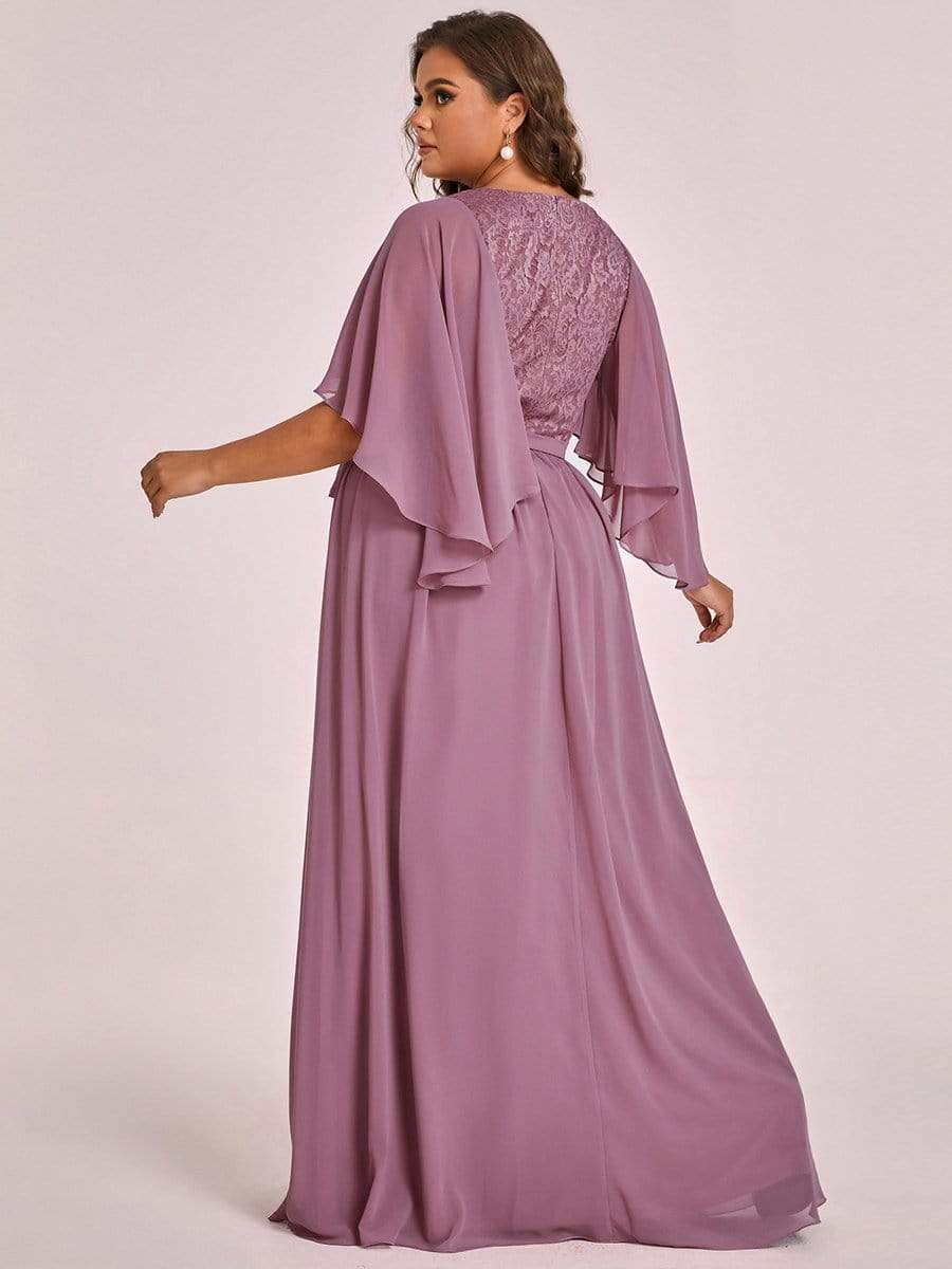 Women's Floor Length Deep V Neck Plus Size Evening Dress with Lace