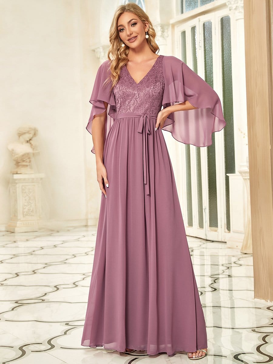 Elegant Deep V Neck Chiffon Maxi Evening Dress #color_Purple Orchid