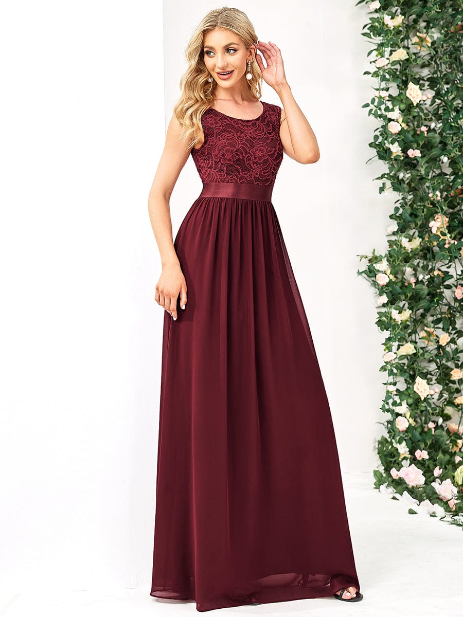 Custom Size Classic Round Neck V Back Lace Bodice Bridesmaid Dress #color_Burgundy