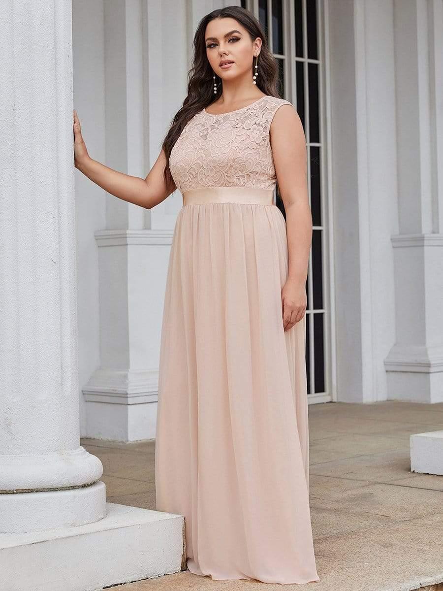 Plus Size Classic Round Neck V Back A-Line Chiffon Bridesmaid Dresses with Lace #color_Blush