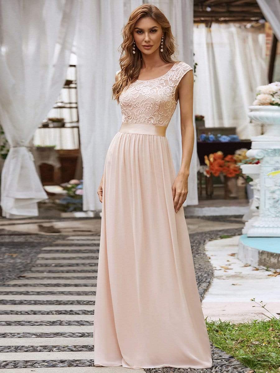 Custom Size Classic Round Neck V Back Lace Bodice Bridesmaid Dress #color_Blush