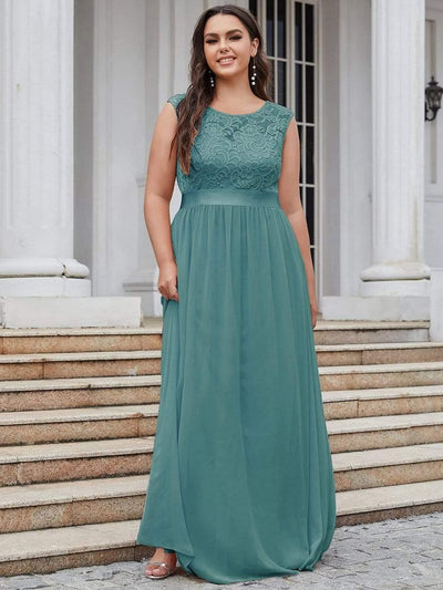 Plus Size Classic Round Neck V Back A-Line Chiffon Bridesmaid Dresses with Lace #color_Light Teal