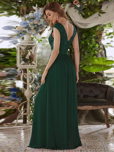 Round Neck Lace Bodice Bridesmaid Dress #color_Dark Green