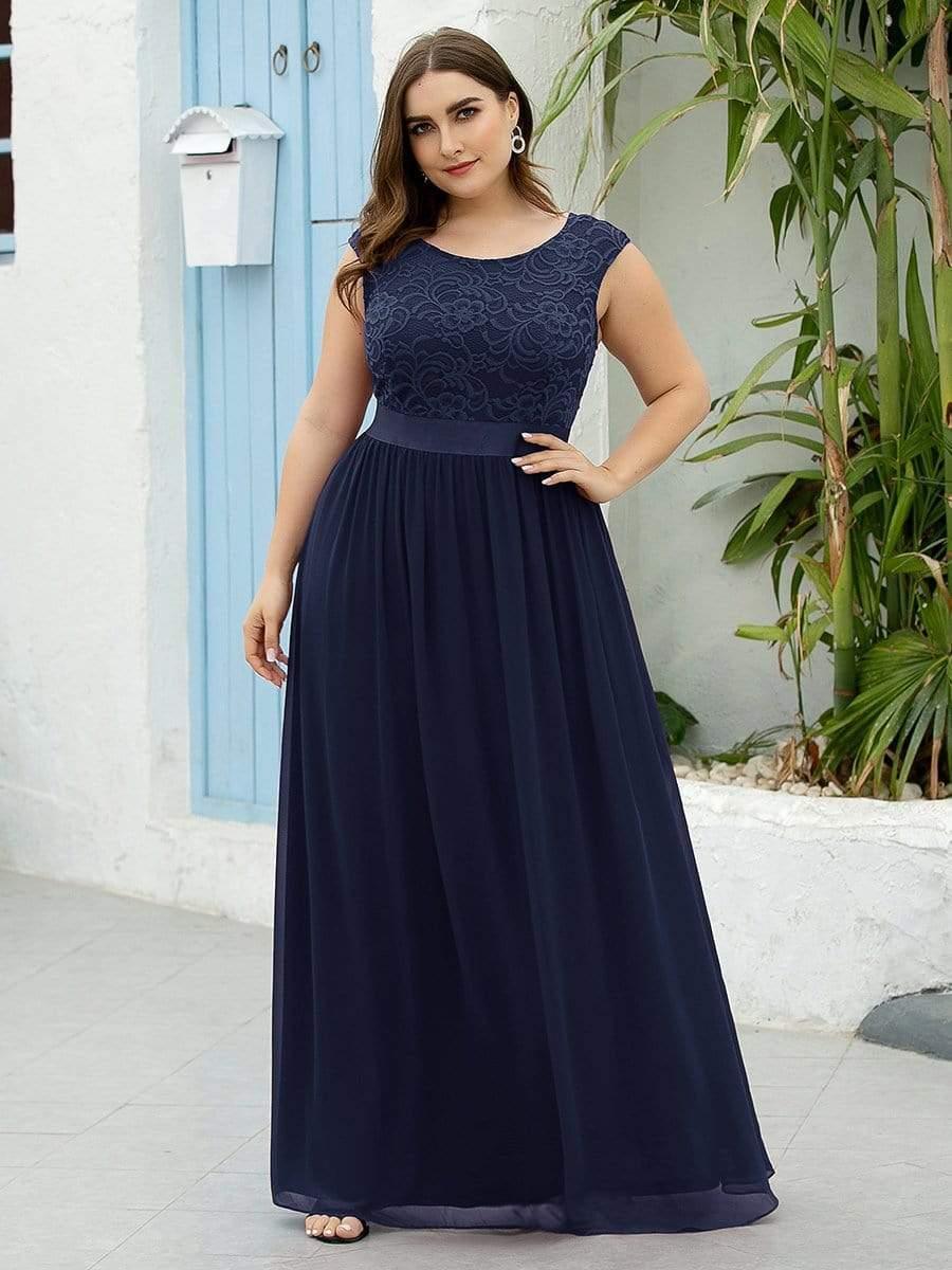 Plus Classic Round Neck V Back Line Chiffon Bridesmaid Dresses Lace