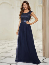 Classic Round Neck V Back Lace Bodice Bridesmaid Dress #color_Navy Blue