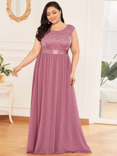 Plus Size Classic Round Neck V Back A-Line Chiffon Bridesmaid Dresses with Lace #color_Purple Orchid