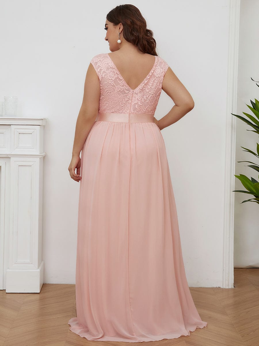 Plus Size Classic Round Neck V Back A-Line Chiffon Bridesmaid Dresses with Lace #color_Pink