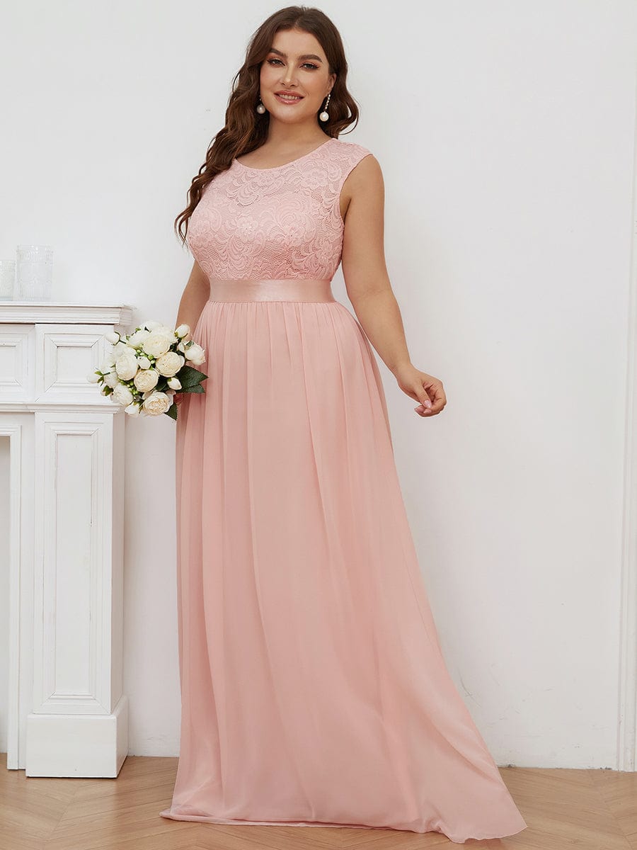 Plus Size Classic Round Neck V Back A-Line Chiffon Bridesmaid Dresses with Lace #color_Pink