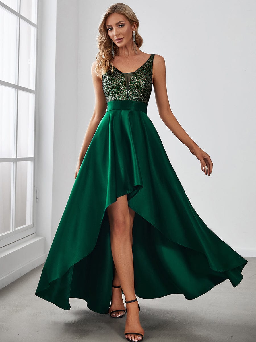 Sexy Backless Sparkly Prom Dresses for Women with Irregular Hem #color_Dark Green