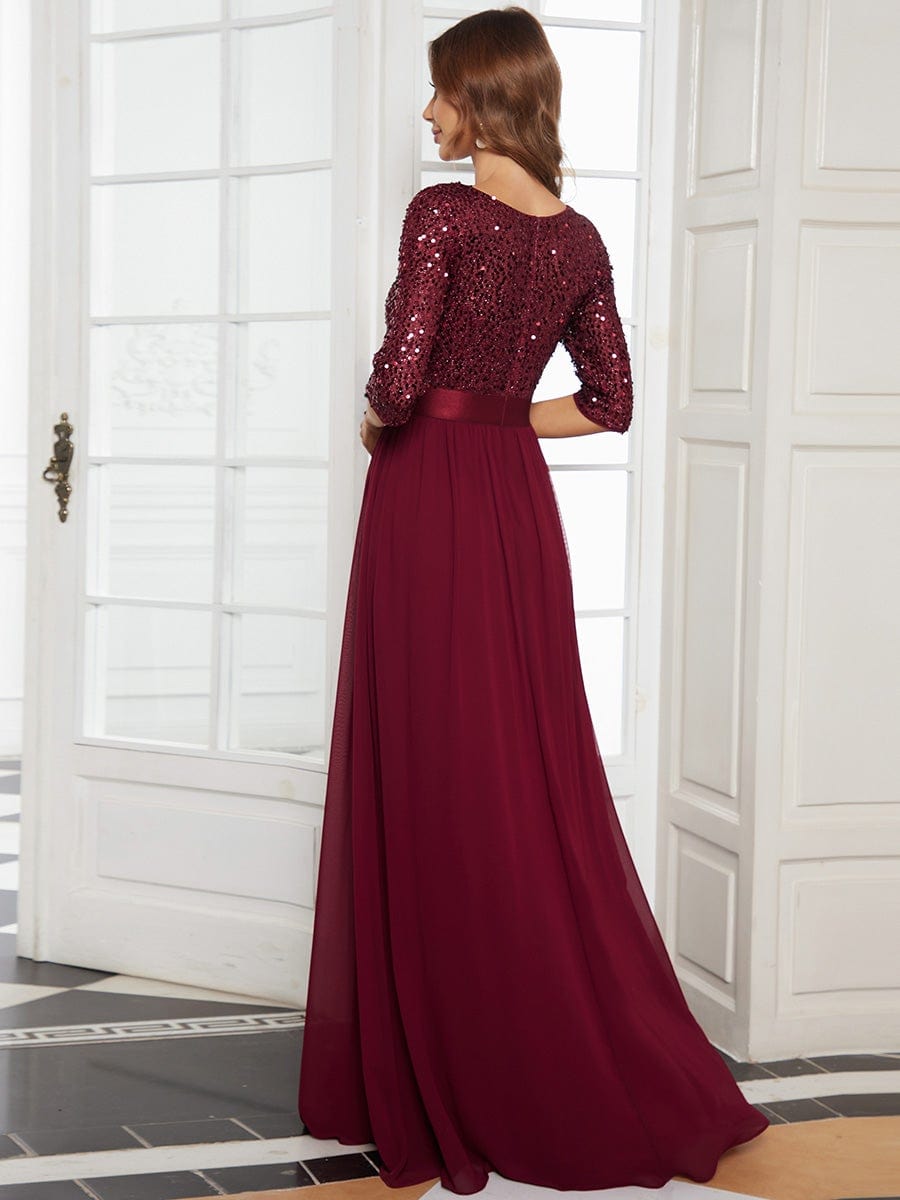 Elegant Round Neckline 3/4 Sleeve Sequins Patchwork Evening Dress #color_Burgundy