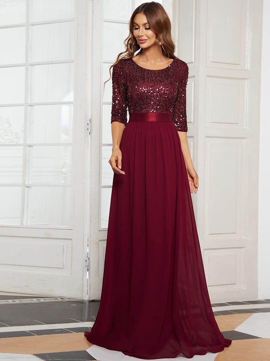 FLORENCE Elegant Round Neckline 3 4 Sleeve Sequins Patchwork Evening Dress