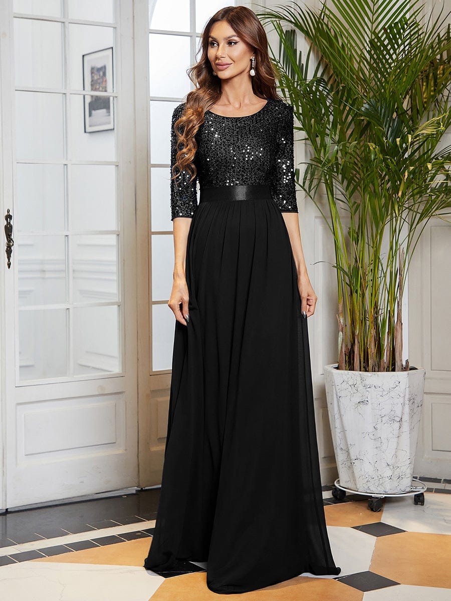 Custom Size Elegant Round Neckline 3/4 Sleeve Sequins Patchwork Evening Dress #color_Black
