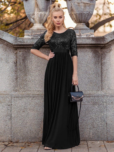Elegant Round Neckline 3/4 Sleeve Sequins Patchwork Evening Dress #color_Black