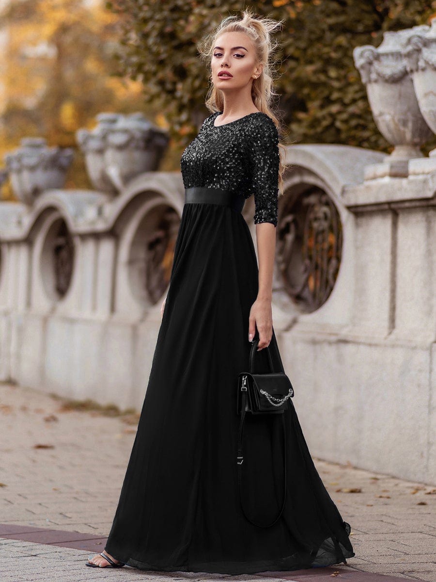 Elegant Round Neckline 3/4 Sleeve Sequins Patchwork Evening Dress #color_Black