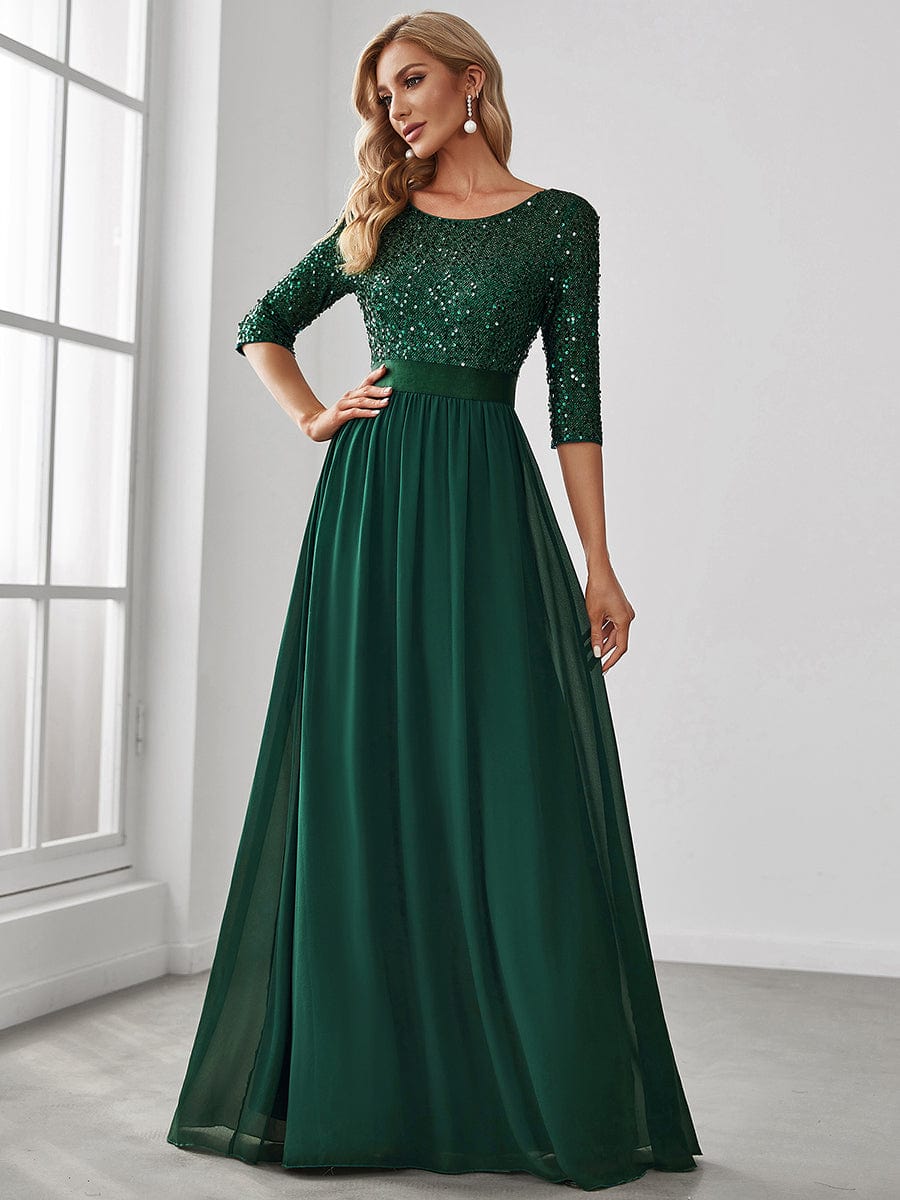 Elegant Round Neckline 3/4 Sleeve Sequins Patchwork Evening Dress #color_Dark Green