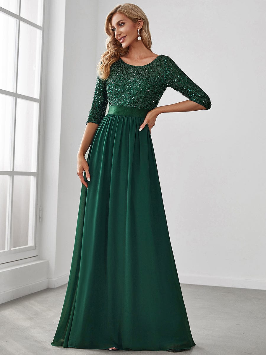 Custom Size Elegant Round Neckline 3/4 Sleeve Sequins Patchwork Evening Dress #color_Dark Green