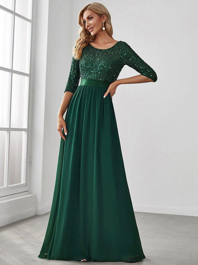 Custom Size Elegant Round Neckline 3/4 Sleeve Sequins Patchwork Evening Dress