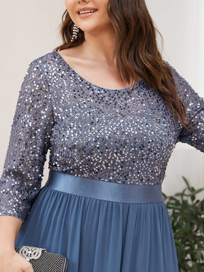 Custom Size Elegant Round Neckline 3/4 Sleeve Sequins Patchwork Evening Dress