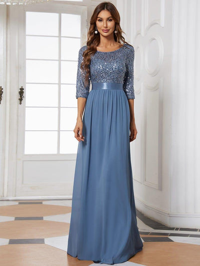 Elegant Round Neckline 3/4 Sleeve Sequins Patchwork Evening Dress #color_Dusty Blue