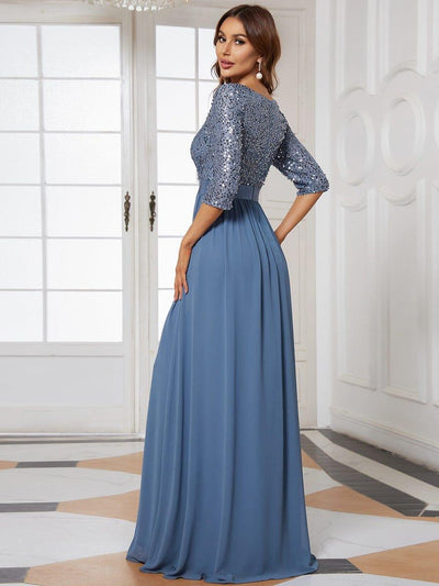Elegant Round Neckline 3/4 Sleeve Sequins Patchwork Evening Dress #color_Dusty Blue