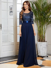 Elegant Round Neckline 3/4 Sleeve Sequins Patchwork Evening Dress #color_Navy Blue
