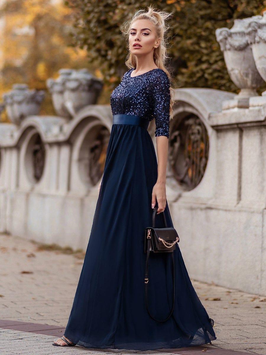 Elegant Round Neckline 3/4 Sleeve Sequins Patchwork Evening Dress