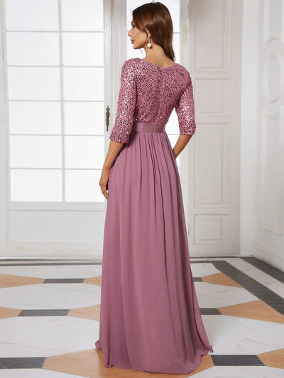 Elegant Round Neckline 3/4 Sleeve Sequins Patchwork Evening Dress #color_Purple Orchid