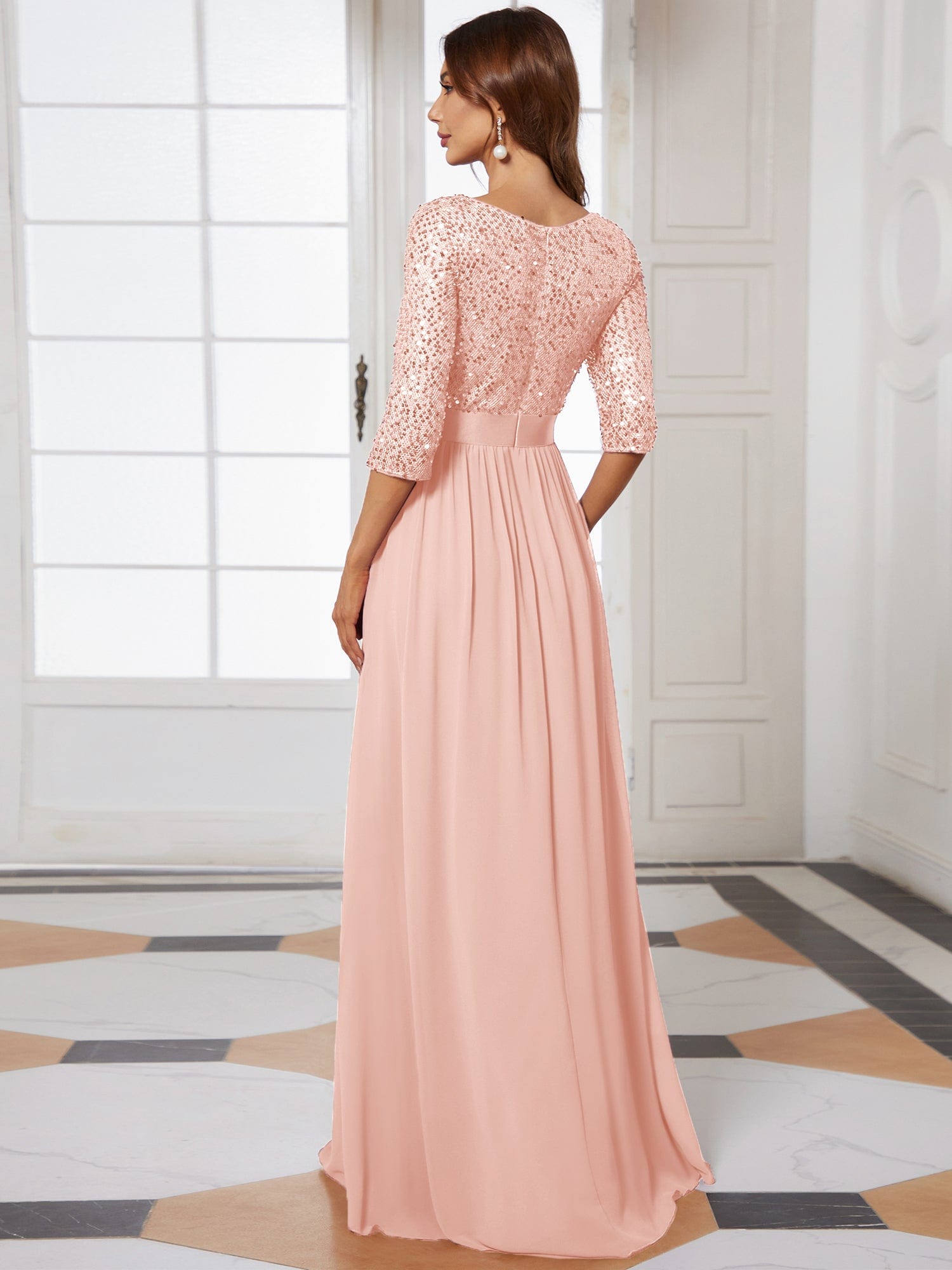 Custom Size Elegant Round Neckline 3/4 Sleeve Sequins Patchwork Evening Dress #color_Pink