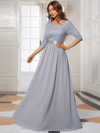 Elegant Round Neckline 3/4 Sleeve Sequins Patchwork Evening Dress #color_Silver