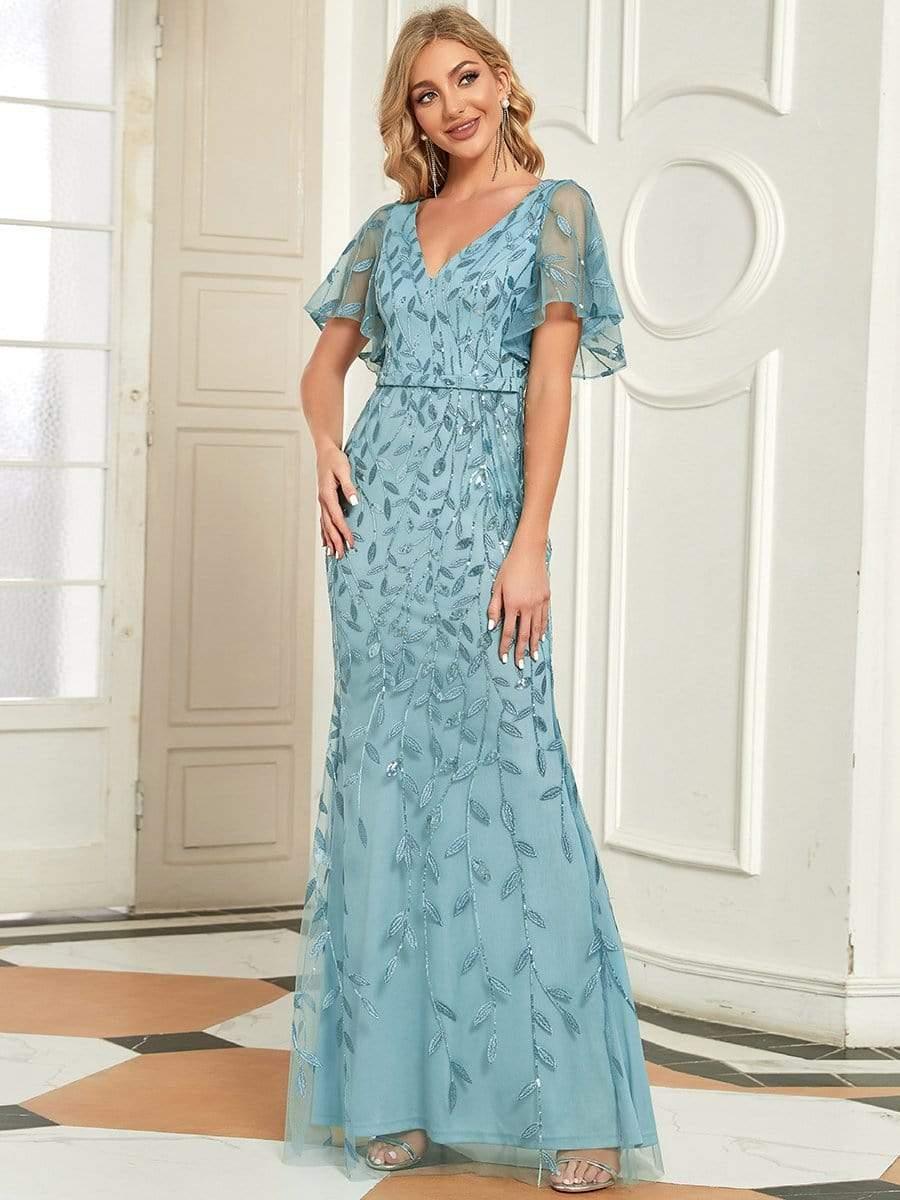 Custom Size Gorgeous V Neck Leaf-Sequined Fishtail Party Dress #color_Light Teal