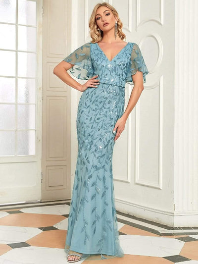 ever DIONE|Custom Size Gorgeous V Neck Leaf-Sequined Fishtail Party Dress